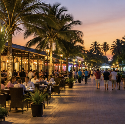 Lively evening street with restaurants and shops in Senegambia