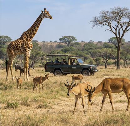 Safari vehicle and wildlife in the African bush